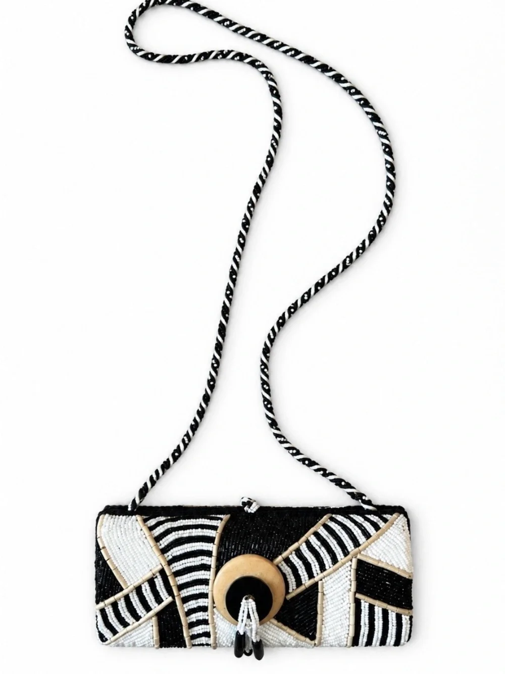 Mary Frances Black & White Geometric Beaded Crossbody Clutch Bag